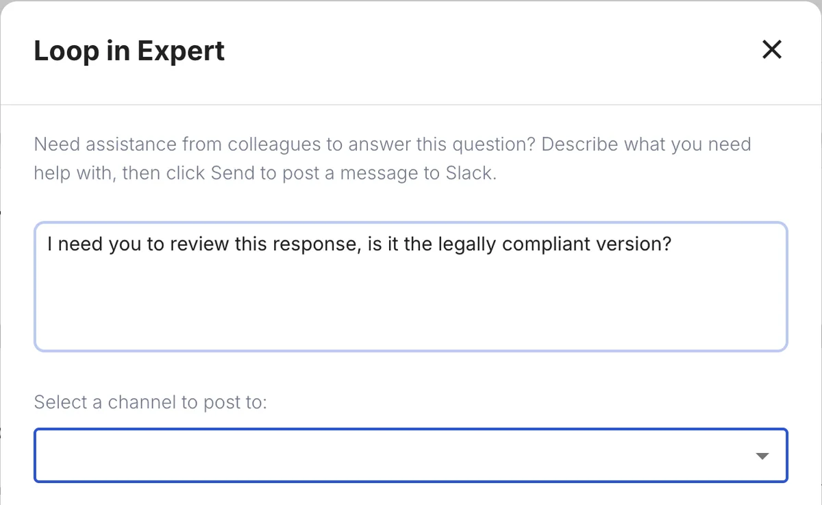 The Loop in Expert dialog in Tribble, posting a review request to a Slack channel